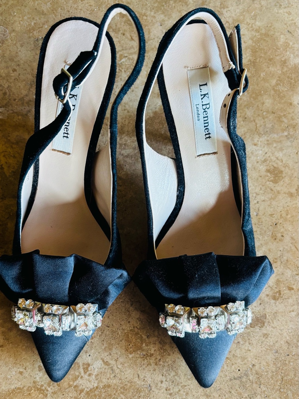 LK Bennett Black Satin Pointed Slingback Heels with Crystal Buckle